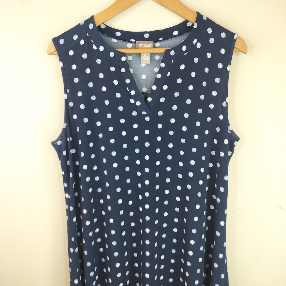 Chico's Shift Dress Womens 2 / Large Polka Dot Jersey Knit Sleeveless Navy Blue - Picture 2 of 8